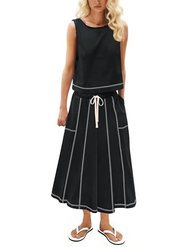 HOWALOOK Women’s 2 Piece Cotton Skirt Set Sleeveless Draped Tank