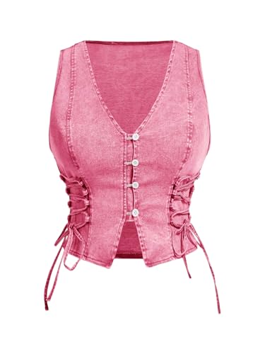 OYOANGLE Women's Plus Size Vintage Lace Up Denim Vest Top Button Front V Neck Jean Tank Tops