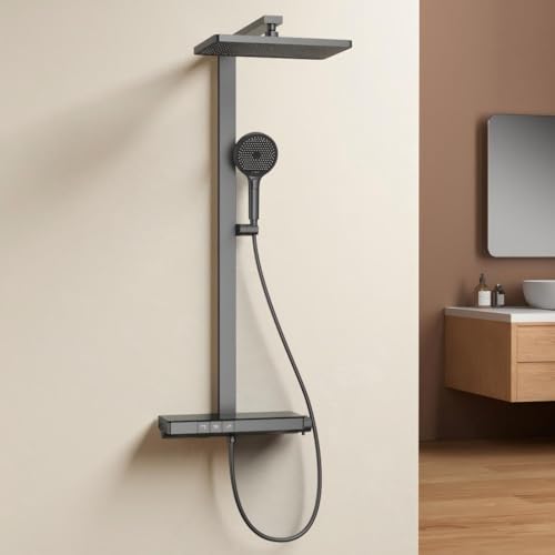 EMKE Duschsystem mit Thermostat – 36 x 24 cm Regendusche mit Armatur, Duschset mit 40 cm Glasablage & Handbrause (4 Strahlarten), höhenverstellbar Komplettset mit Regendusche, Anthrazit Matt