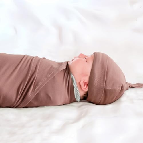 Image of GRSSDER Newborn Swaddle Blanket, Ultra Soft Jersey Receiving Blanket with Matching Headband and Beanie Set 33x44 inch, Stretchy Baby Neutral Swaddle Wrap for Girls and Boys
