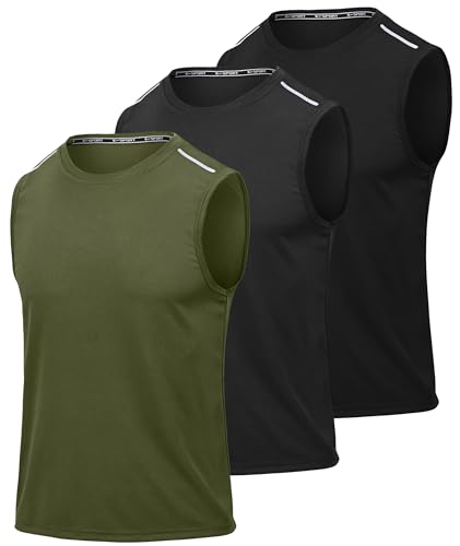 RBYEKP Workout Tank Men Summer Polyester Exercise Gym Sport T Shirt Sleeveless Dri Fit Active Mens Athletic Top 3XL Black Green Grey