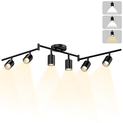 Lavendex LED 6 Light Track Lighting Kit, 3 Color Adjustable Ceiling Spot Lighting Includes 6 x GU10 Bulb, Modern Track Light Fixture with Rotatable Heads for Kitchen, Living Room, Bedroom