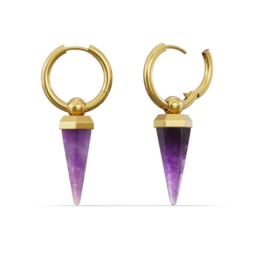 PUNKYOUTH Punk Goth Crystal Spike Hoop Earrings 925 Silver Post 18G (1 mm) Statement Dangle Accessory Opalite or Amethyst Stone Drop Witchy Halloween Alternative Concert Gift for Women Men