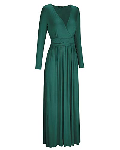 OUGES Womens Long Sleeve V-Neck Wrap Waist Maxi Dress(Green,M)