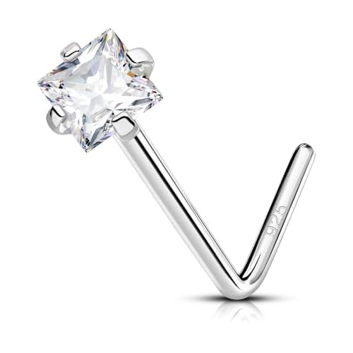 OUFER 20G Nose Rings Studs, 925 Sterling Silver Nose Rings for Women, Square Cubic Zirconia Nose Piercing Jewelry, L-Shaped Nose Studs, Nostril Piercing Jewelry-Silver/Gold