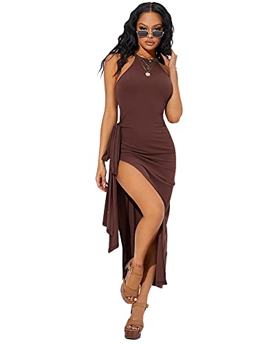 Shein Women's Sexy Sleeveless Halter Neck Side Slit Tie Knot Bodycon Long Dresses Chocolate Brown X-Large #TOP3