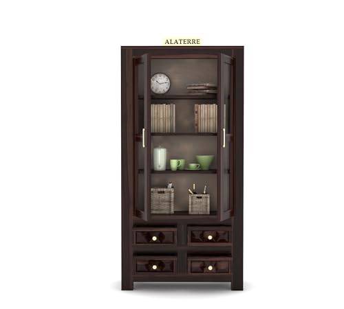 Image of Wood Book Shelf with Glass Door, Wooden Bookshelf for Home Library, Kitchen Crockery Cabinet, Study Room Furniture, Books Rack, Bookcases, Walnut Finish