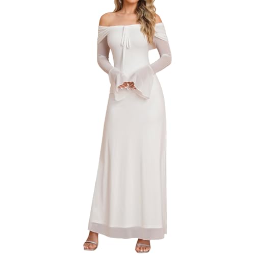 Off Shoulder Long Sleeve Maxi Dress Bodycon Tie Party Formal Wedding Guest Dresses for Women 2025