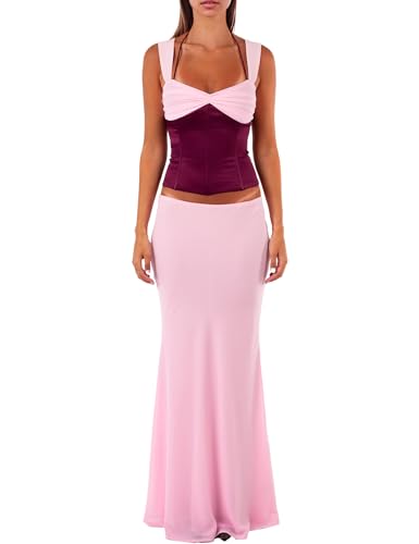 Women’s 2 Piece Skirts Sets Sweetheart Ruched Criss-Corss Tie Up Crop Top and Maxi Skirts Streetwear Two Piece Sets Outfits