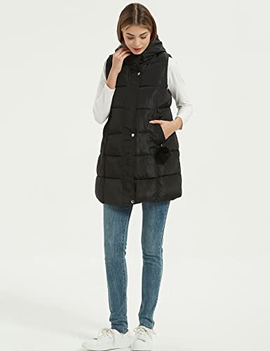 Gihuo Women's Long Puffer Vest Winter Quilted Hooded Long Vest (Medium, Black) #TOP5