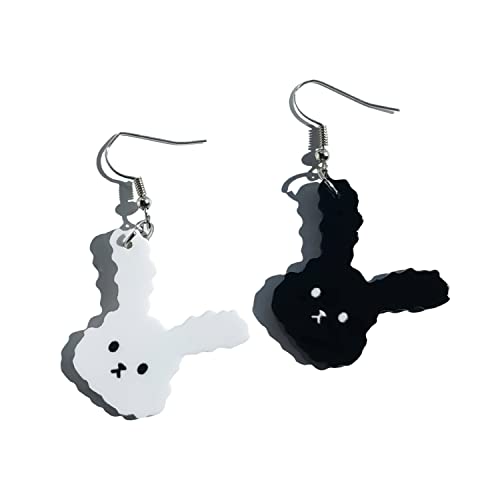 Cute Kawaii Black White Asymmetrical Bunny Rabbit Acrylic Statement Drop Dangle Earrings For Women Girls #TOP5