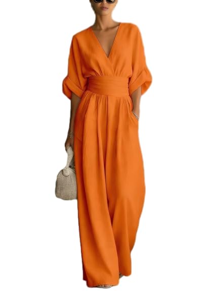 Belamoda Womens Orange Linen Blend Wide Leg Jumpsuit V Neck High Waist One Piece Outfit for Casual Summer Wear