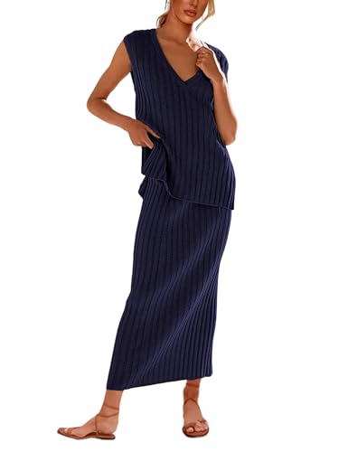 SCUSTY Women's 2 Piece Sweater Skirt Sets Sleeveless V Neck Knit Ribbed Vest Tops Midi Skirt