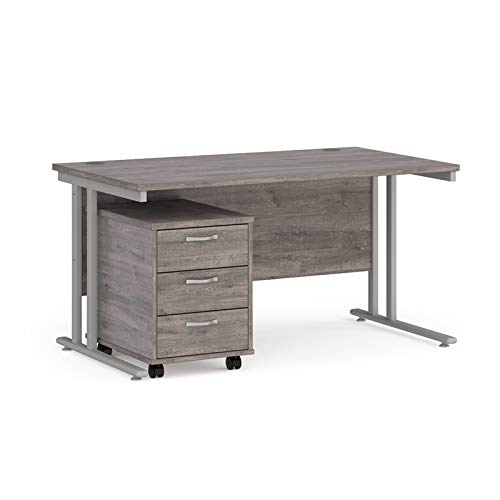 Mr Office Maestro 25 straight desk - with silver cantilever frame and 3 drawer pedestal, Grey oak, 1400