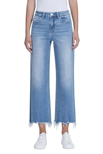 Flying Monkey Womens High-Rise Distressed Hem Cropped Slim Wide Leg Jeans (Celestial Light 26)