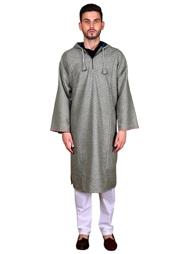 Image of Exotic India Men's Woolen Blend Kashmiri Phiran with Hood | Pure Wool Long Overcoat-Oversized Phiran for Men
