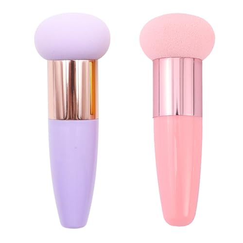 POFET 2 Stück Pilz-Make-up-Schwamm, Puderquasten-Mischschwamm, Gesichtskosmetik-Grundierungsschwamm mit langem Griff, Beauty Blender-Pinsel (Lila, Rosa)