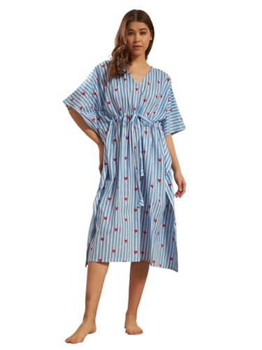 Image of Ravaiyaa Women Printed Cotton V-Neck Knee Length Kaftan Dress Nighty