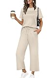 2 Piece Sets for Women Summer Outfits Lounge Sets Beach Vacation Clothes Spring Fashion Matching Set Women's Clothing Wide Leg Corp Pants Airport Rosort Wear 2026 Track Suits Easter Outfit Beige M