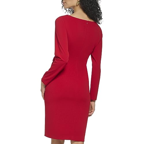 Image of DKNY Women's Long Sleeve V-Neck Side Ruched Sheath Dress with Hardware