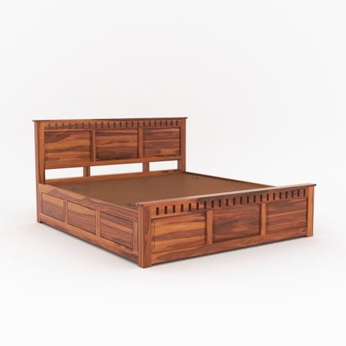 Image of Sheesham Wood King Size Bed with Storage Box | Wooden Box Bed King Size Double Cot Bed with Storage for Bedroom | Premium Kuber Dalla Design Headboard Bed for Hotel, Home | Honey Finish