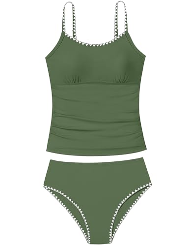 Image of Girls Swimsuit Solid Color Tankini Contrast Trim Swimwear 2 Piece Bathing Suit Padded Swimsuits for Teens 9-16Y