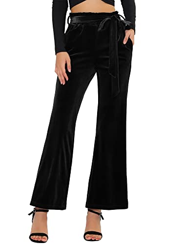 Allegra K Women s Velvet Pants Tie Waist Stretchy Wide Leg Pants with Pockets Medium Black