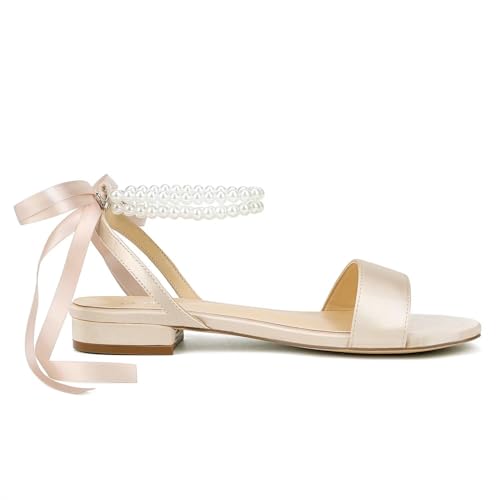 Image of Satin Wedding Flats for Bride Pearl Sandals Open Toe Bridal Shoes Flat Wedding Shoes for Bride