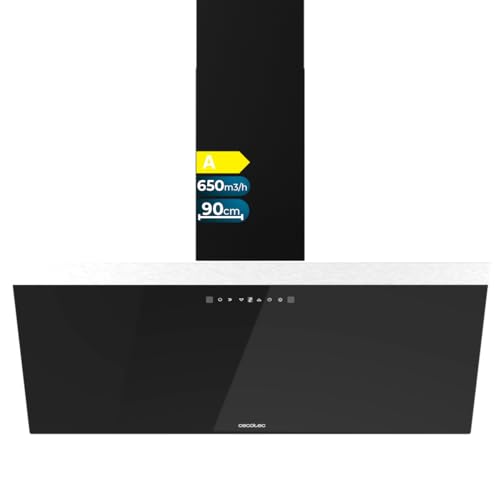 Cecotec Campana Extractora Decorativa 90cm Bolero Flux DT 906500 Glass Black A. 165W en 3 Niveles, Acabado Frontal Vidrio Negro, Succión 650m3/h, Control Táctil, Booster, Luz, Filtro de Carbono