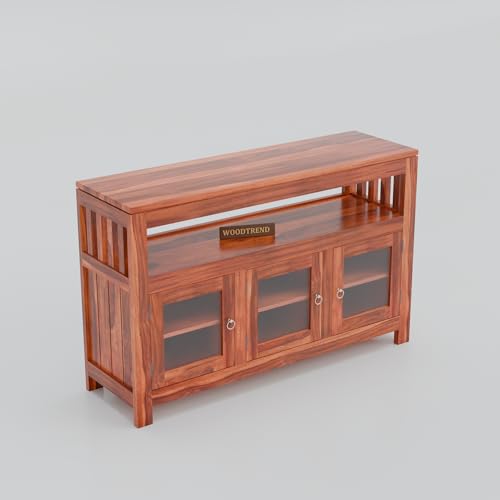 Image of Solid Wood Sideboard Cabinet for Living Room | Wooden Storage Cabinet with Acrylic Glass Doors & Open Shelf (Honey Finish)