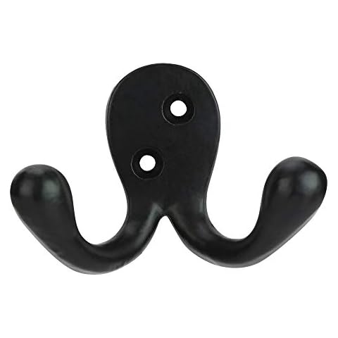 Set of 4 Heavy Duty Wall Mounted Double Coat Hooks in Black Powder Coat Finish Utility Iron Decorative Hooks for Coat Robe Hat Key Towel with Easy Installation Hardware Cover