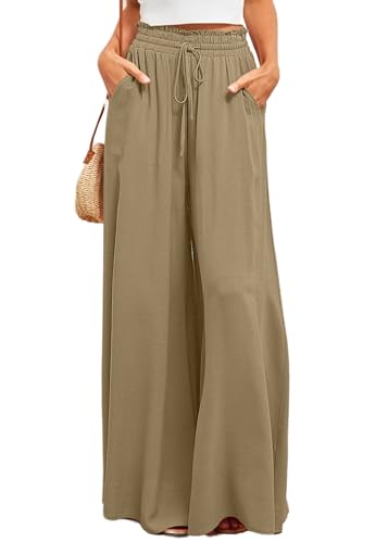 Anna-Kaci Solid Color Shirred High Waist Wide Leg Palazzo Pants for Women