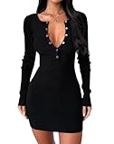 BONITEE Women Sexy Deep V Neck Sweater Dress 2026 Fall Long Sleeve Bodycon Dresses Winter Cocktail Party Button Up Knit Dress Black,L