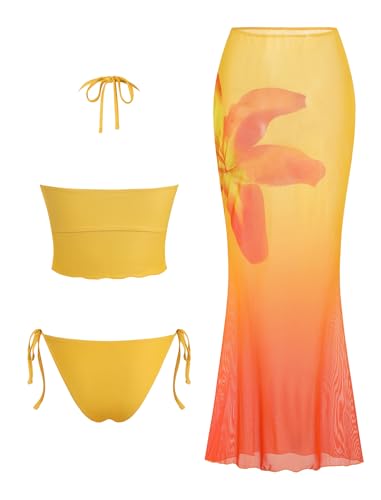 Image of ZAFUL Women 3 Piece Bikini with Cover Up Skirt Halter Bandeau Swimsuit Floral Tie Side Cheeky Bathing Suit