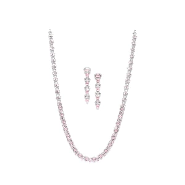 ZENEME Rhodium-Plated Silver Toned Oval American Diamond Long Necklace Earrings Jewellery Set for Girls and Women