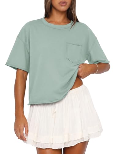 Image of ATHMILE Womens Crop Tops Workout Shirts Gym Oversized Spring Summer Basic Tees Short Sleeve Casual Loose Drop Shoulder 2026