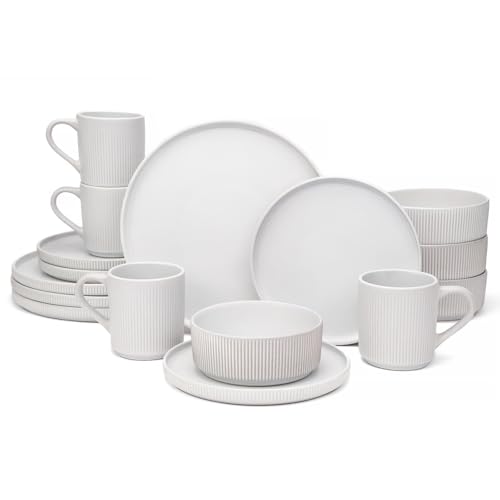 Image of OTAGO 16-Piece Dinnerware Set for 4 with Mugs, Ribbed Stoneware Plates and Bowls Sets, Unique Handcrafted Reactive Glaze, Chip and Scratch Resistant Dish Set, Microwave & Dishwasher Safe, White