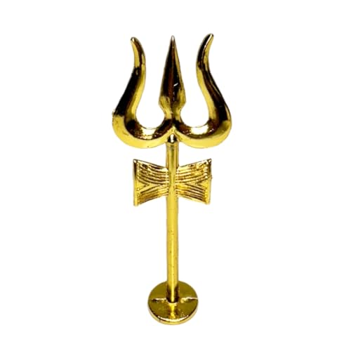 Brass Shiva Trishul Trident Hindu Metal 4.75” Lord Shiva Trishakti Trishul with Damru for Pooja Room Decor for Protection -Negative Energy Protector– (1.75 * 0.20 * 4.75”,20 grm)–Pack of 1