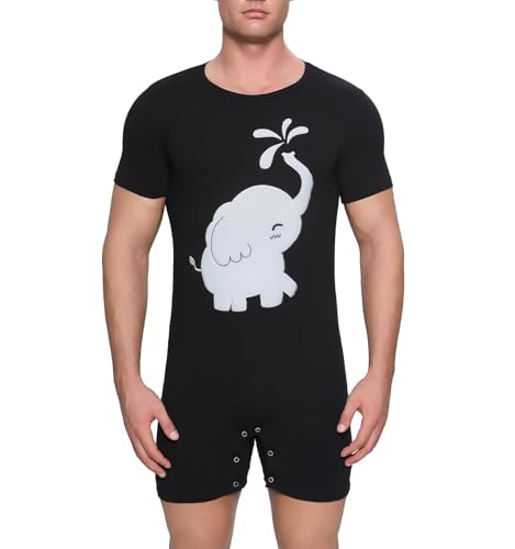 Mens Cotton Onesie Short Sleeve Bodysuit One Piece Pajamas Crotch Snap Shirt Elephant Embroider Romper3