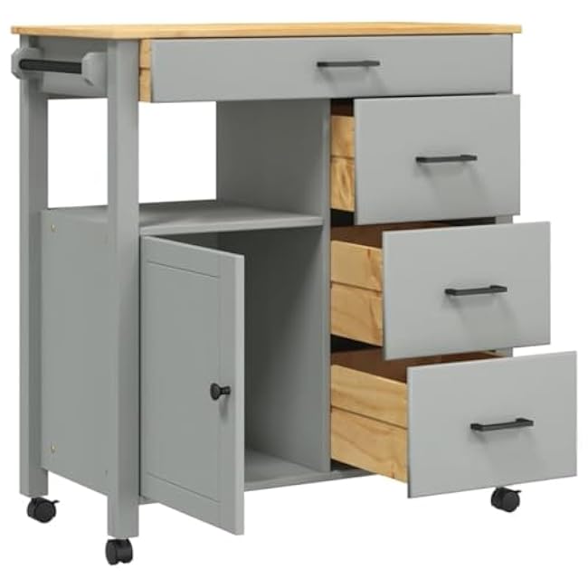 Vintage-Inspired Kitchen Trolley for Extra Storage, Sturdy Solid Pine Wood, 4 Drawers and Lockable Wheels, Gray-p3ZJznnY