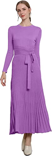 Image of Women's Long Sleeve Sweater Dress Ankle Length Fall Dress Vneck Knit Winter Dress