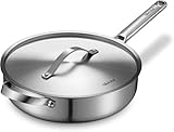 VEDNHOL Stainless Steel Saute Pan with Stainless Steel Lid 6-Quart,12-Inch Deep Skillet,Dishwasher&Oven Safe,Induction&All Stove Compatible,Brushed Finish