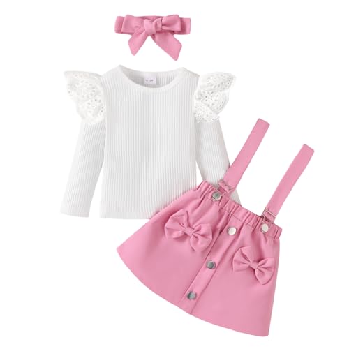 Design alla moda: top a coste con scollo rotondo a maniche lunghe con volant + elegante gonna con bretelle a quadri/fiocco + fascia per capelli coordinata, molto dolce, carina e alla moda