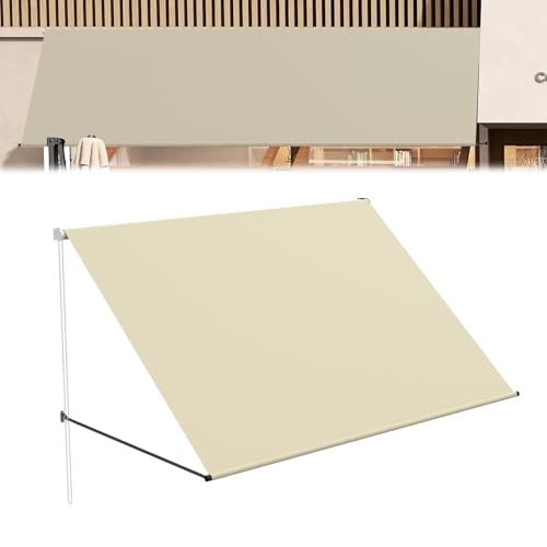 NAIZY Fallarmmarkise 200 x 145 cm Balkon Markise mit Kordel, Einziehbar Klemmmarkise Alu Stützstange Sonnenmarkise UV-beständig Balkonmarkise für Fenster Terrasse Balkon, Beige