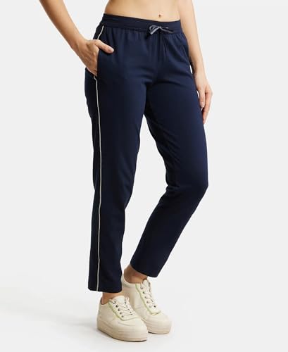 Image of Jockey 1305 Women's Super Combed Cotton Rich Relaxed Fit Mid Rise Trackpants with Contrast Side Piping and Pockets