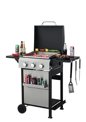 AEMSOFK Grill Boss Outdoor BBQ Propane Gas Grill with Side Burner, Lid, Wheels, Foldable Side Table, Shelves, Bottle Opener, and 3 Burners, for Outdoor Barbecue Cooking,SS Plancha