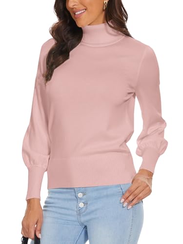 Image of Pink Turtleneck Sweaters for Women Long Sleeve Pullover Knit Tops 2XL