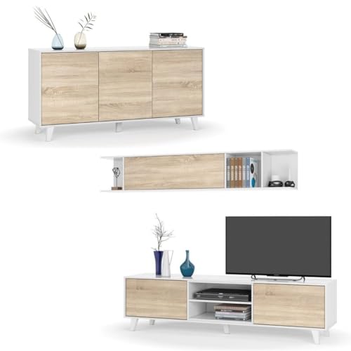 Mobelcenter, Conjunto de Salón Zaiken Plus, Incluye Mueble de Salón, con módulo Inferior y módulo Superior, y Aparador Bufet Comedor, Acabado Color Roble Canadian y Blanco Brillo (P0028)