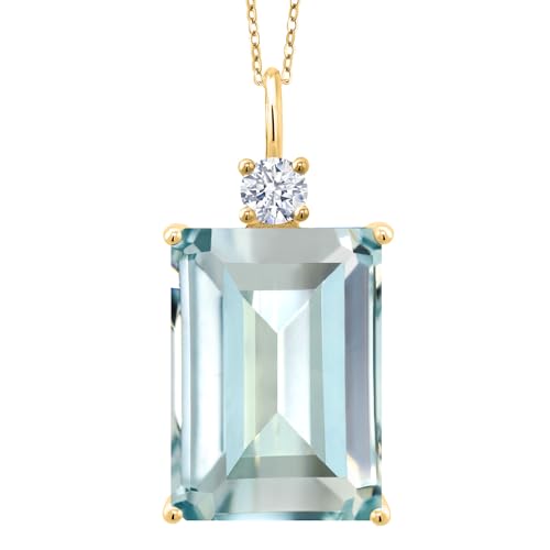 Gem Stone King 18K Yellow Gold Plated Silver Sky Blue Simulated Aquamarine Pendant Necklace For Women | 15.80 Cttw | Emerald Cut 18X13MM | With 18 Inch Silver Chain