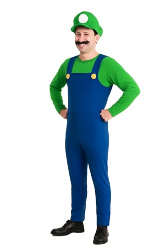 Komonee L Halloween Fancy Dress Up Mens Adults Outfit Hat Green Blue Plumber Overalls Costume Halloween Retro Classic Video Game Gamer Cosplay Medium